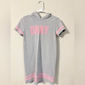 Pre-owned DKNY grey sweater dress with hoodie & pink sequin DKNY logo/Sz: L (12)